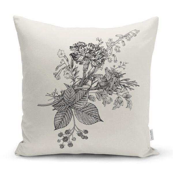 Floral Pillow Cover|Gray and White Floral Decor|Decorative Floral Living Room Cushion Case|Farmhouse Pillow Cover|Bee and Flowers Pillow Top