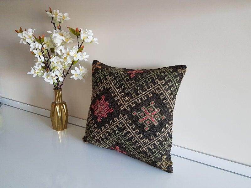 Vintage Kilim Pillow Cover|Turkish Kilim Pillow Cover|Antique Upholstery Throw Pillow Cover|Boho Bedding Decor|Handwoven Rug Cushion 16x16