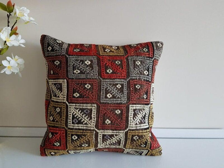 Vintage Kilim Pillow Cover|Turkish Rug Pillow Cover|Antique Ottoman Throw Pillow Cover|Boho Bedding Decor|Handwoven Rug Cushion Case 16x16