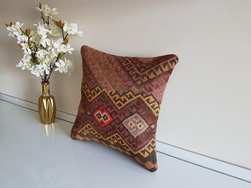 Vintage Kilim Pillow Cover|Turkish Kilim Pillow Cover|Ethnic Ottoman Throw Pillow Cover|Boho Bedding Decor|Handwoven Rug Cushion Case 16x16