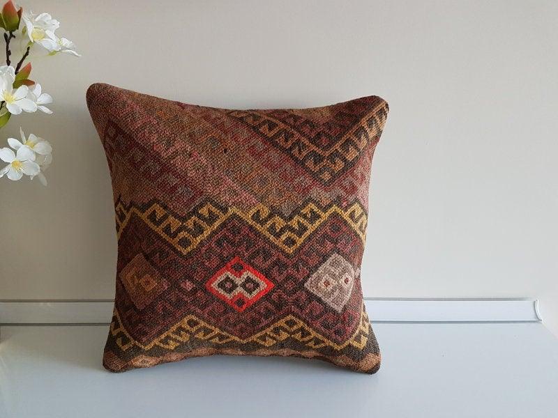 Vintage Kilim Pillow Cover|Turkish Kilim Pillow Cover|Ethnic Ottoman Throw Pillow Cover|Boho Bedding Decor|Handwoven Rug Cushion Case 16x16