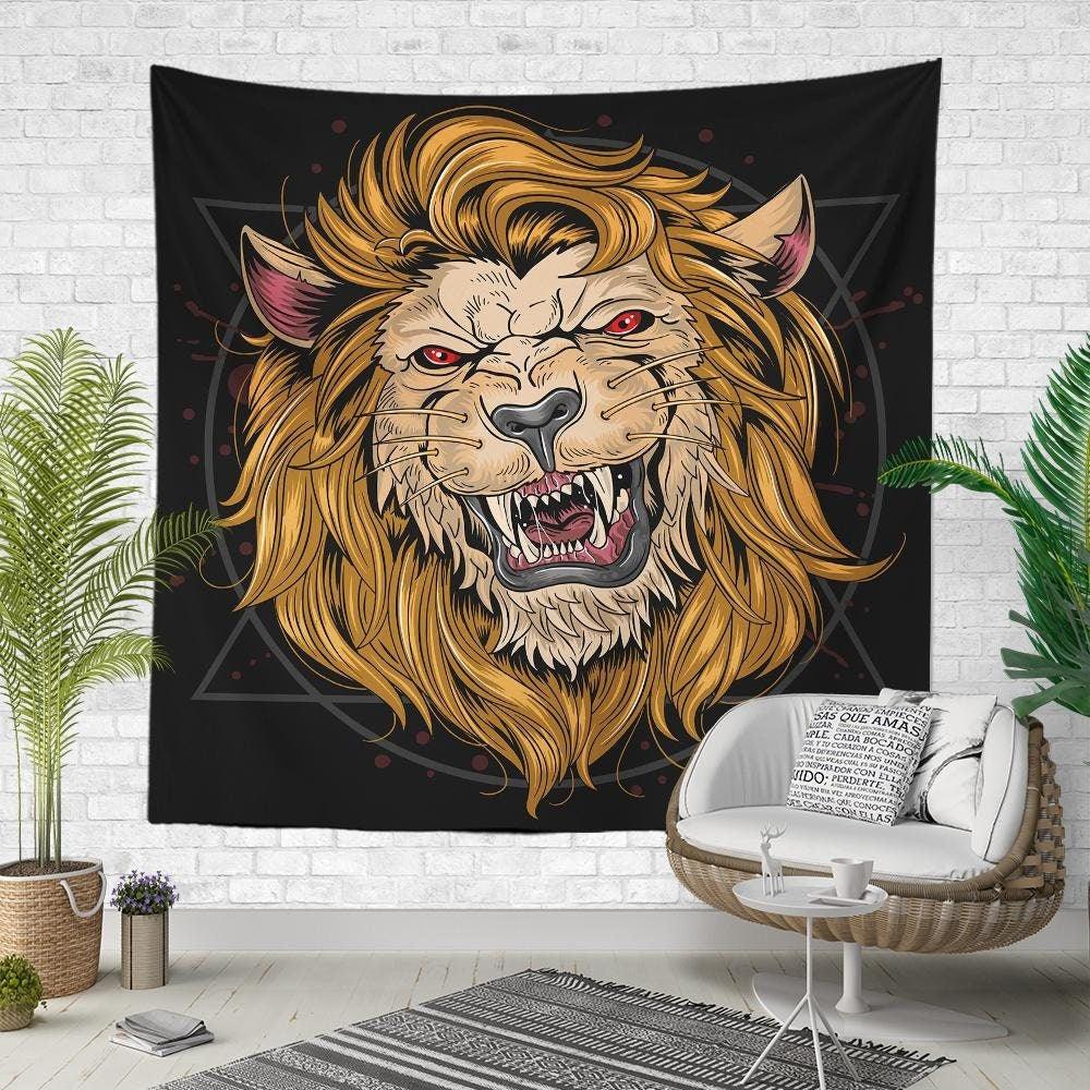 Lion Wall Tapestry|Animal Print Wall Hanging Art Decor|Housewarming Square Fabric Wall Art|Decorative Carnivora Tapestry|Rainbow Lion Print