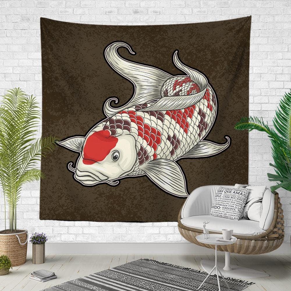 Koi Fish Wall Tapestry|Animal Print Wall Hanging Art Decor|Housewarming Square Fabric Wall Art|Decorative Fish Print Tapestry|Japan Koi Fish