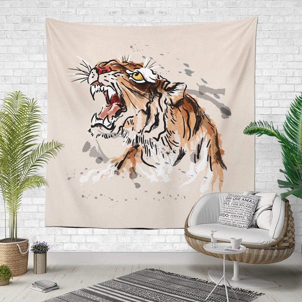 Tiger Wall Tapestry|Animal Print Wall Hanging Art Decor|Housewarming Square Fabric Wall Decor|Decorative Black White Tiger Print Wall Art