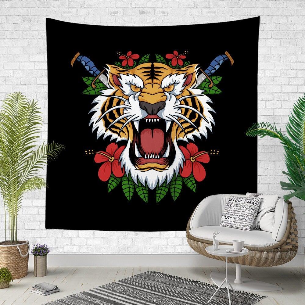 Tiger Wall Tapestry|Animal Print Wall Hanging Art Decor|Housewarming Square Fabric Wall Decor|Decorative Colorful Tiger Print Wall Tapestry