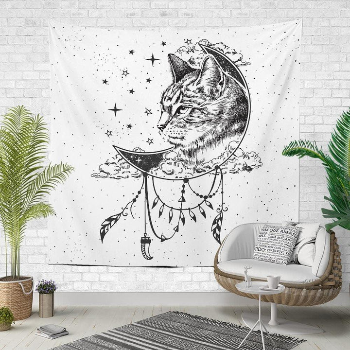 Cat Wall Tapestry|Animal Print Wall Hanging Art Decor|Housewarming Square Fabric Wall Decor|Decorative Cats, Moon, Leaves and Birds Tapestry