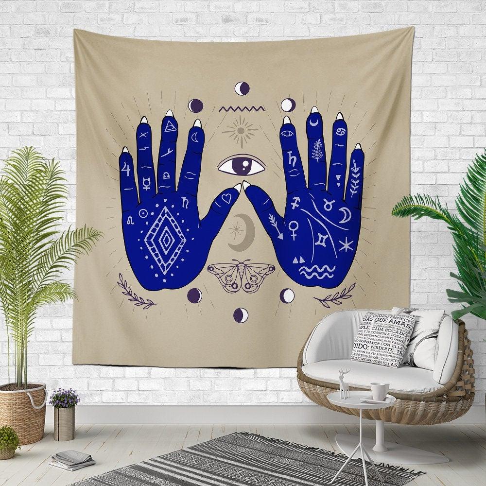 Hand of Fatima Wall Tapestry|Hamsa Print Wall Hanging Art Decor|Decorative Fabric Wall Art|Oriental Style Wall Tapestry|Farmhouse Boho Decor