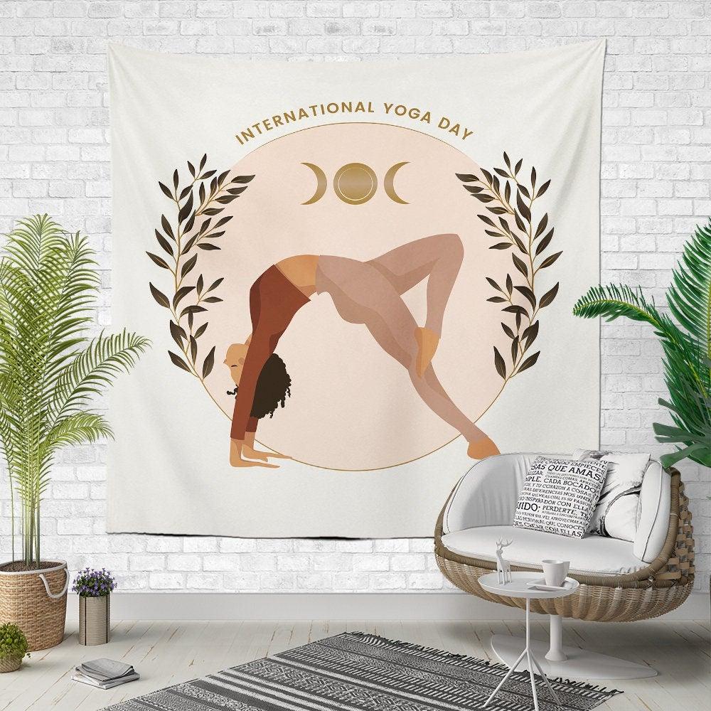 Meditation and Yoga Wall Tapestry|Woman and Moon Wall Hanging Art Decor|International Yoga Day Print Fabric Wall Art|Boho Style Tapestry