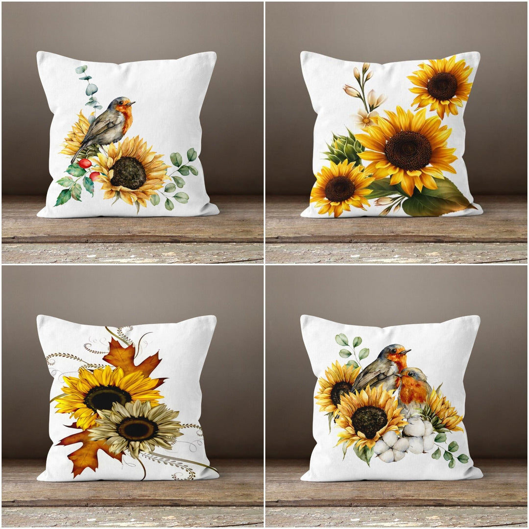 Sunflower Pillow Case|Floral Yellow and White Pillow Cover|Bird and Sunflower Cushion Case|Decorative Throw Pillow Sham|Summer Trend Decor