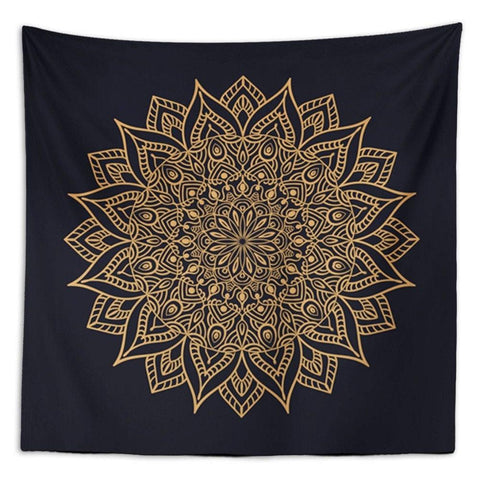 Mandala Wall Tapestry|Decorative Black Gold Wall Hanging Art Decor|Authentic Ornament Circle Fabric Wall Art|Boho Style Geometric Tapestry