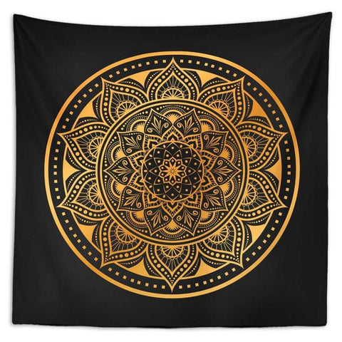 Mandala Wall Tapestry|Decorative Black Gold Wall Hanging Art Decor|Authentic Ornament Circle Fabric Wall Art|Boho Style Geometric Tapestry