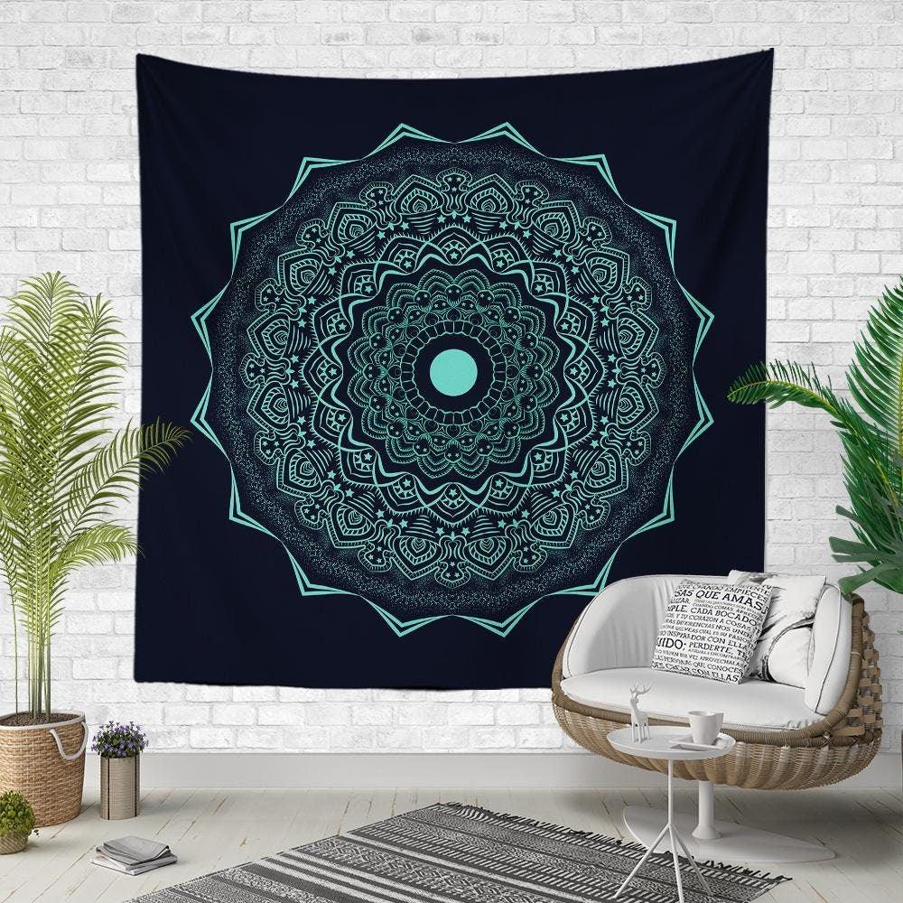 Mandala Wall Tapestry|Decorative Purple Turquoise Wall Hanging Art Decor|Authentic Circle Pattern Fabric Wall Art|Boho Geometric Tapestry