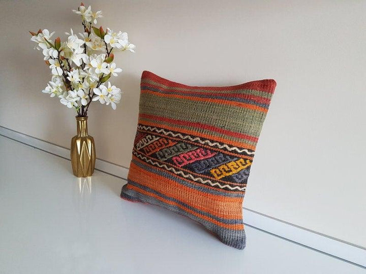 Vintage Kilim Pillow Cover|Striped Turkish Kilim Pillow Cover|Traditional Antique Throw Pillow|Boho Bedding Decor|Handwoven Rug Pillow 16x16