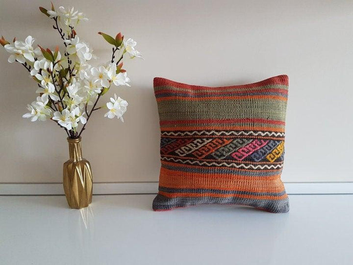 Vintage Kilim Pillow Cover|Striped Turkish Kilim Pillow Cover|Traditional Antique Throw Pillow|Boho Bedding Decor|Handwoven Rug Pillow 16x16