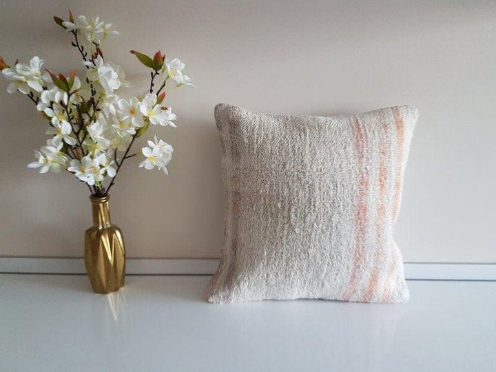 Vintage Hemp Pillow Cover|Turkish Kelim Cushion Cover|Antique Anatolian Throw Pillow Cover|Boho Bedding Decor|Handwoven Hemp Cushion 16x16