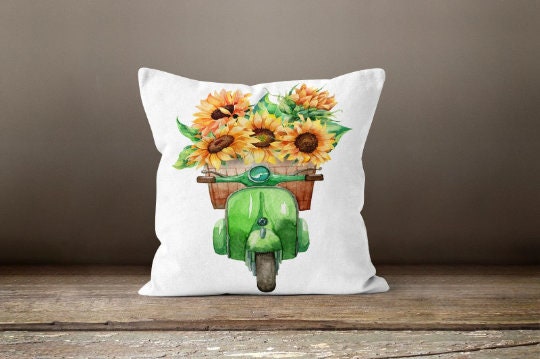 Sunflower Pillow Cover|Floral Sunflower Throw Pillow|Sunflower with Boot and Motorcycle|Sunflower and Bird Pillow|Farmhouse Style Pillow Top