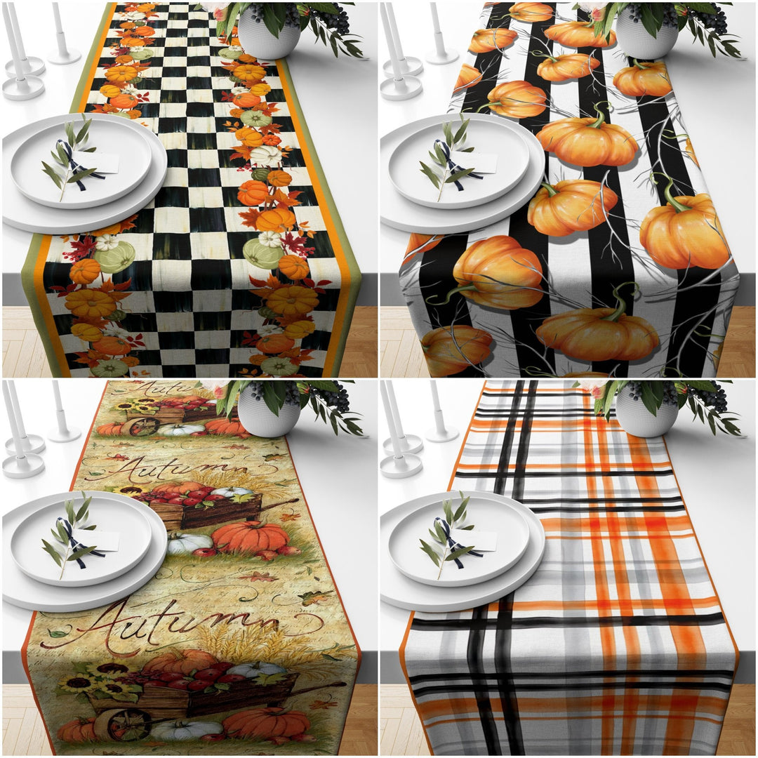 Fall Trend Table Runner|Orange White and Green Pumpkin Table Runner|Checkered Autumn Themed Home Decor|Farmhouse Style Striped Table Linen