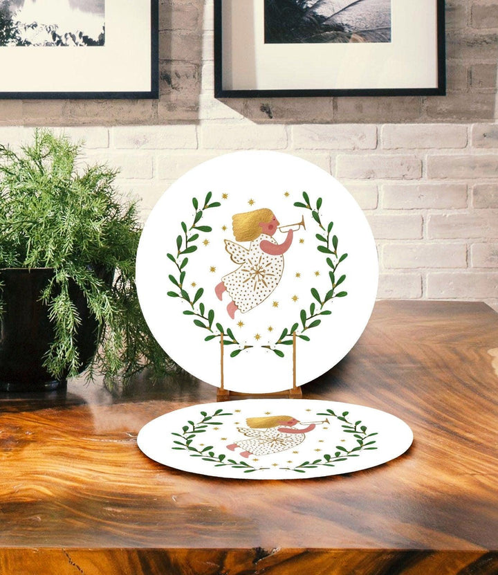 Set of 2 Winter Trend Placemat|Angel Girl Xmas Home Decor|Mermaid Supla Table Mat|Pine Tree Needle Round American Service Dining Underplate