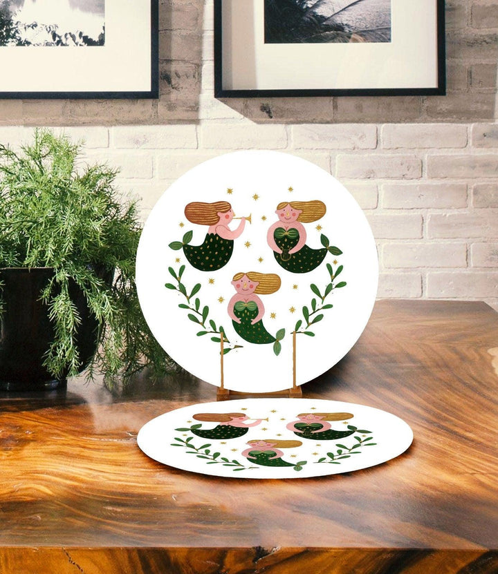 Set of 2 Winter Trend Placemat|Angel Girl Xmas Home Decor|Mermaid Supla Table Mat|Pine Tree Needle Round American Service Dining Underplate