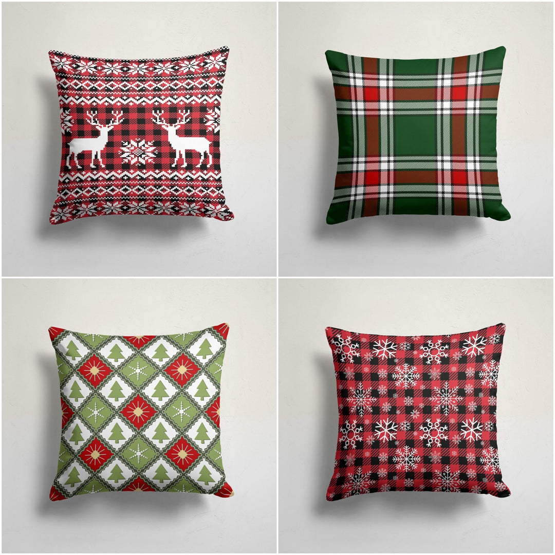 Christmas Pillow Covers|Checkered Christmas Cushion Case|Decorative Xmas Deer Pillow Case|Housewarming Plaid Snowflake and Xmas Tree Cushion