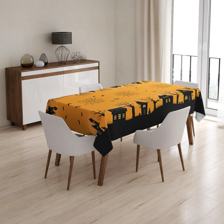 Halloween Tablecloth|Haunted House, Spider Web and Bat Print Tabletop|Housewarming Fall Trend Tabletop|Orange Purple Yellow Halloween Table