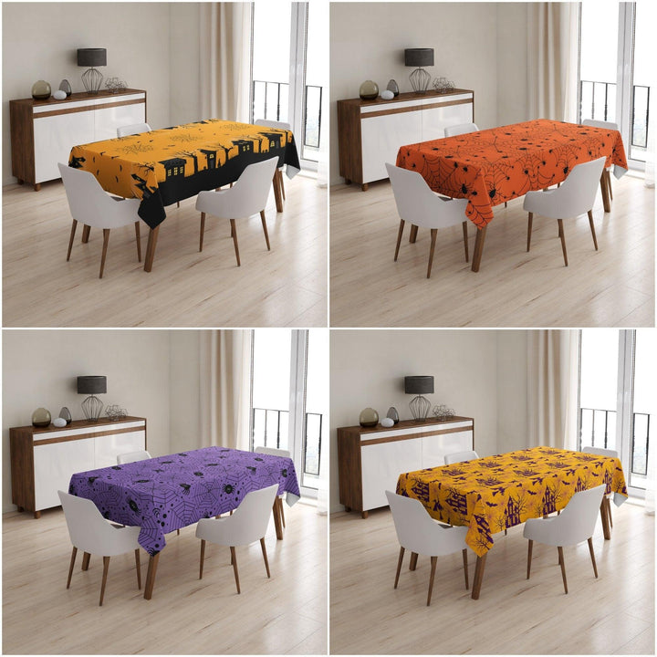 Halloween Tablecloth|Haunted House, Spider Web and Bat Print Tabletop|Housewarming Fall Trend Tabletop|Orange Purple Yellow Halloween Table