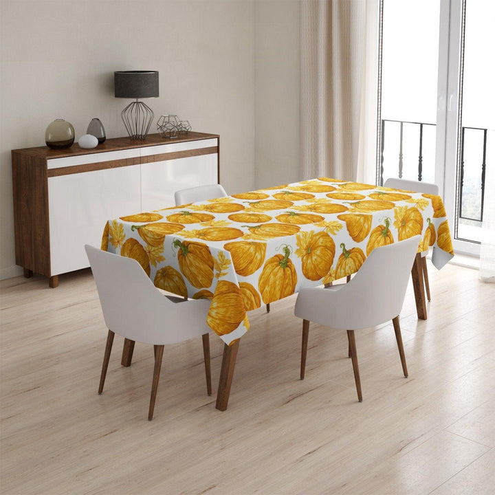 Fall Trend Tablecloth|Orange Green and Yellow Pumpkin Tabletop|Housewarming Striped Pumpkin and Dry Leaves Table Cover|Gray Pumpkin Tabletop