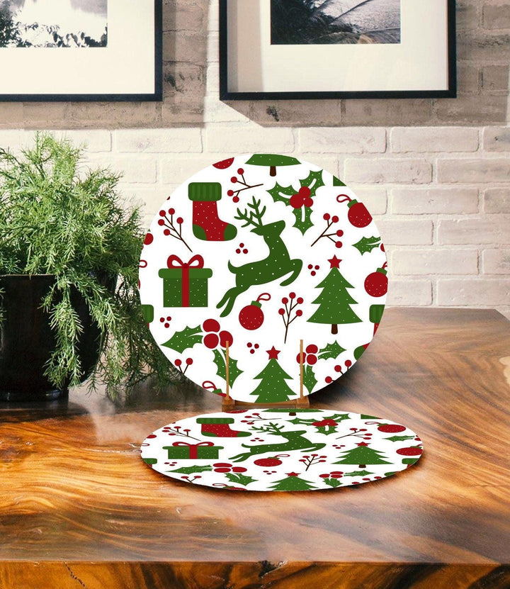 Set of 2 Christmas Placemat|Xmas Tree and Deer Table Decor|Winter Supla Table Mat|Pine Tree and Red Berries Round Dining Underplate, Coaster