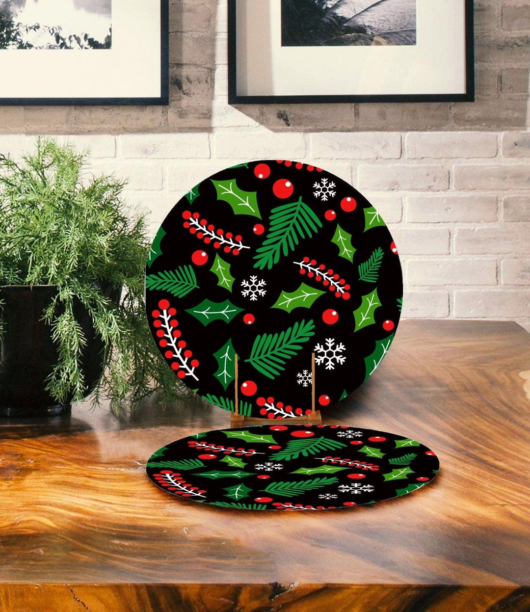 Set of 2 Christmas Placemat|Xmas Tree and Deer Table Decor|Winter Supla Table Mat|Pine Tree and Red Berries Round Dining Underplate, Coaster