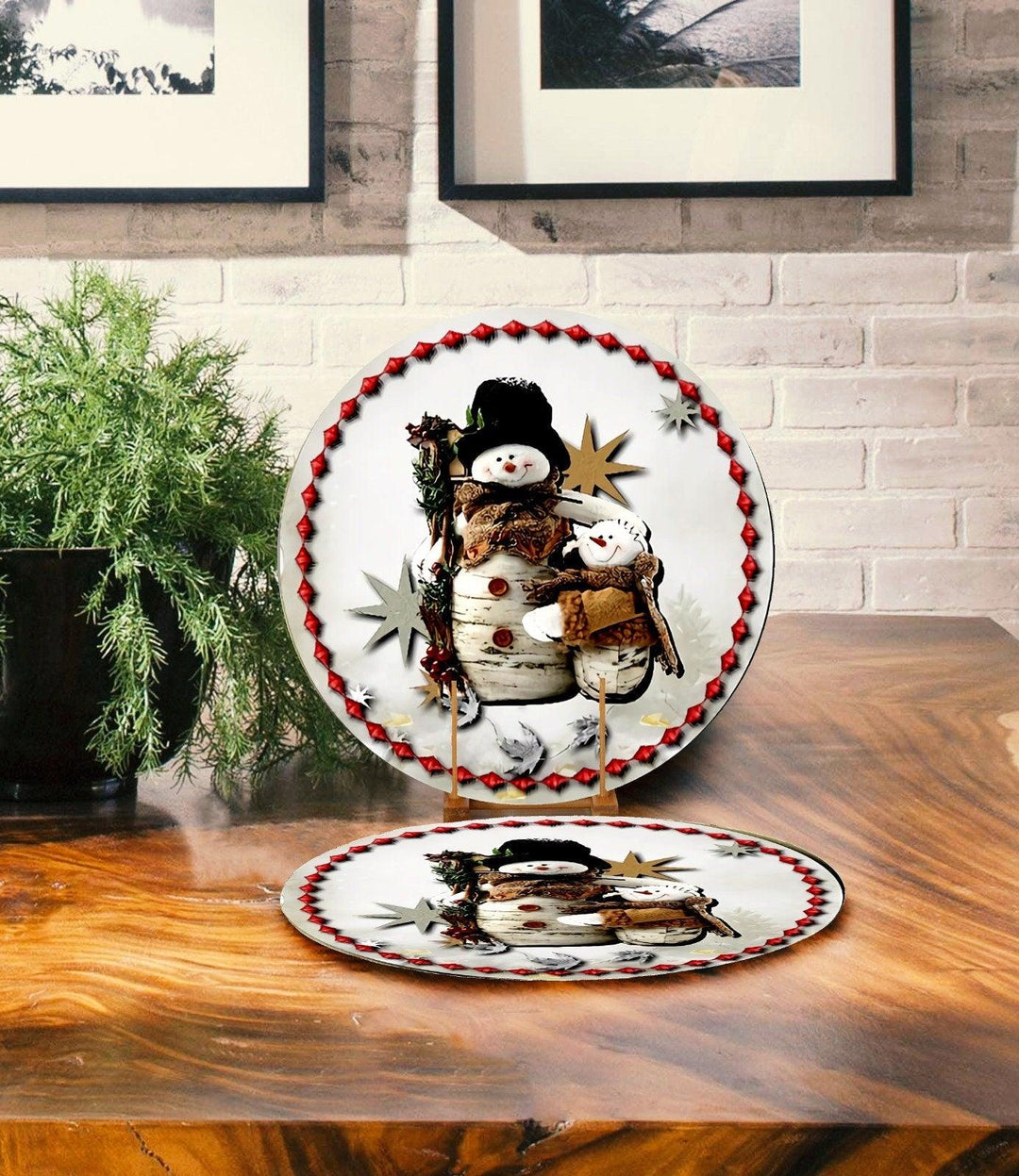 Set of 2 Cute Snowman Placemat|Let it Snow Table Decor|Winter Supla Table Mat|Christmas American Service Round Dining Underplate, Coasters