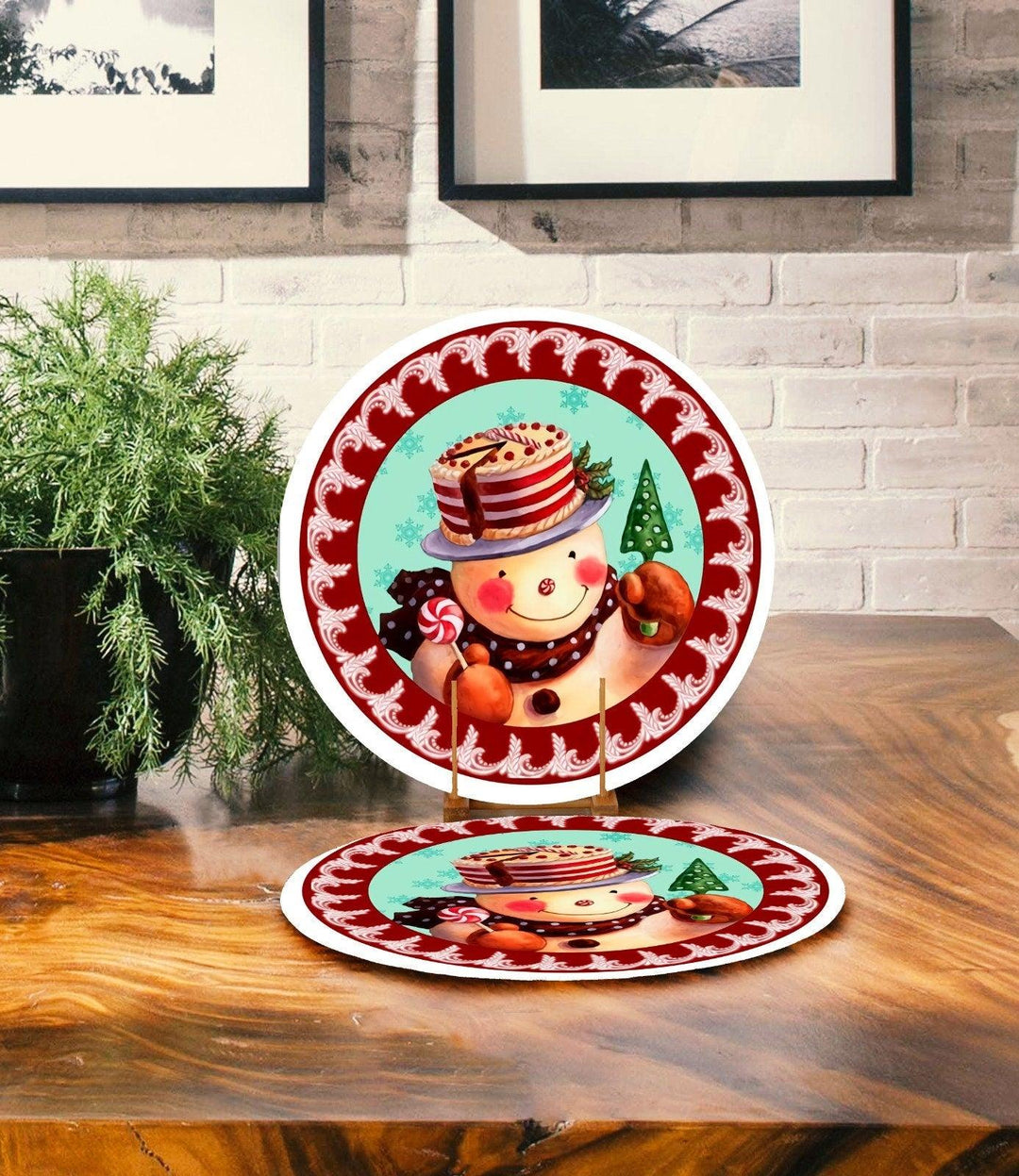 Set of 2 Cute Snowman Placemat|Let it Snow Table Decor|Winter Supla Table Mat|Christmas American Service Round Dining Underplate, Coasters