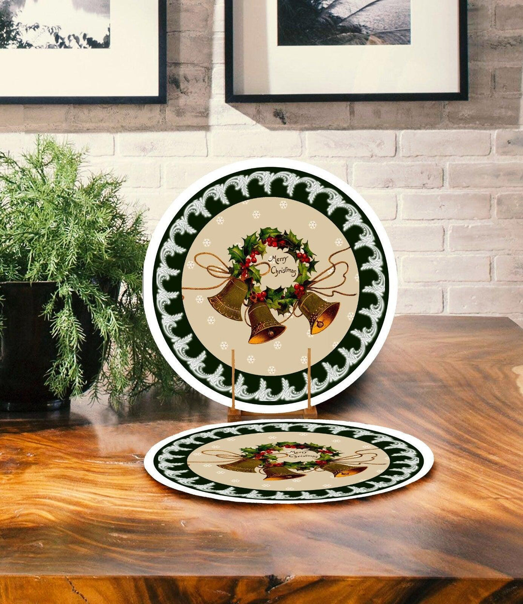 Set of 2 Christmas Placemat|Floral Xmas Bell Table Decor|Xmas Cake Supla Table Mat|Plaid American Service Round Dining Underplate, Coasters