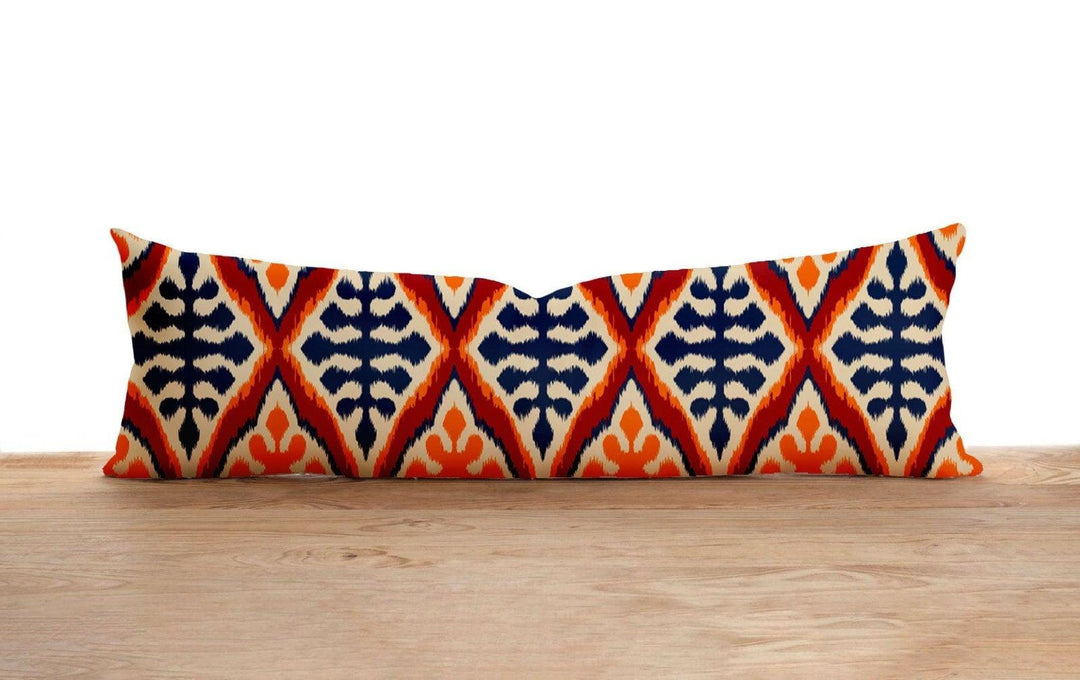 Long Lumbar Pillow Case|IKAT Design Bolster Pillow Cover|Southwestern Farmhouse Oversized Lumbar Pillow|Geometric Ethnic Print Long Decor