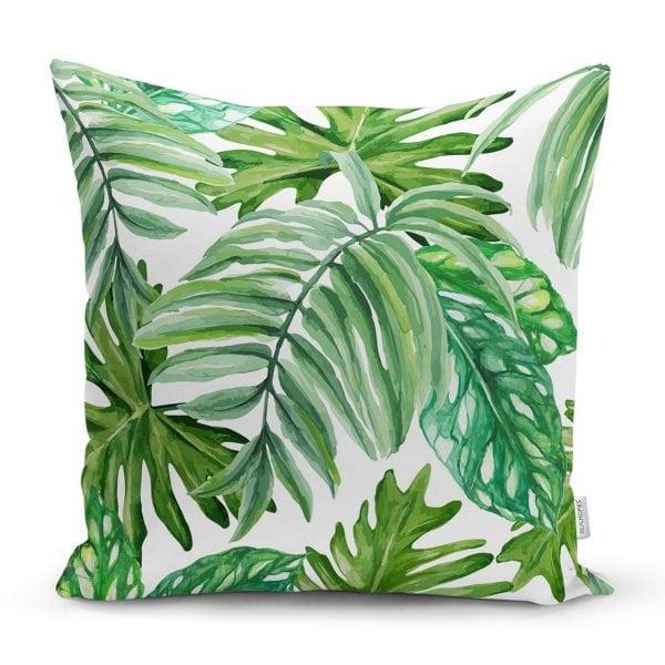 Tropical Leaves Pillow Cover|Green White Floral Pillow Case|Leaf Print Cushion Cover|Decorative Pillow Case|Farmhouse Style Authentic Pillow