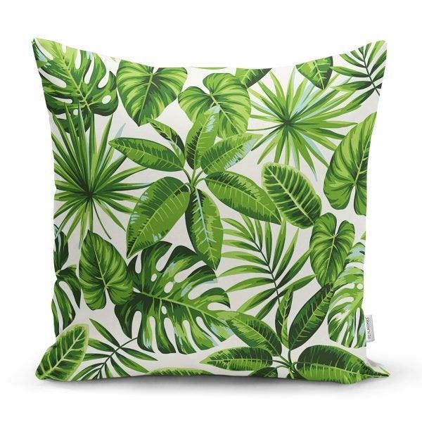 Tropical Leaves Pillow Cover|Green White Floral Pillow Case|Leaf Print Cushion Cover|Decorative Pillow Case|Farmhouse Style Authentic Pillow