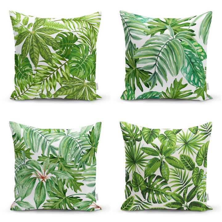 Tropical Leaves Pillow Cover|Green White Floral Pillow Case|Leaf Print Cushion Cover|Decorative Pillow Case|Farmhouse Style Authentic Pillow