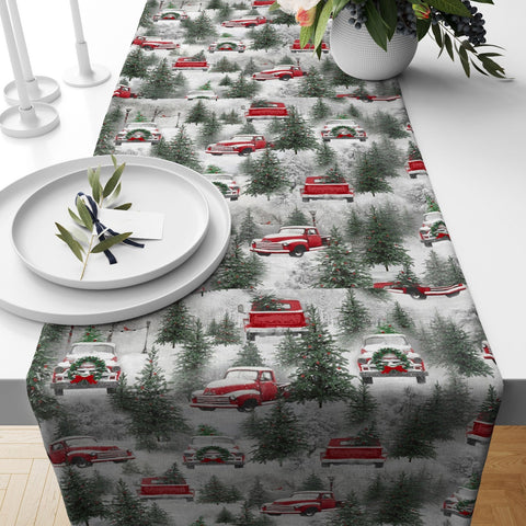 Winter Trend Table Runner|Snow, Red Truck, House and Pine Tree Table Decor|Snowman, Deer and Horse Print Table Runner|Christmas Home Decor