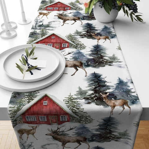 Winter Trend Table Runner|Snow, Red Truck, House and Pine Tree Table Decor|Snowman, Deer and Horse Print Table Runner|Christmas Home Decor