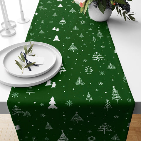 Winter Pine Tree Table Runner|Christmas Table Decor|Snowflake Table Centerpiece|Beige Green Black and White Abstract Pine Tree Tablecloth