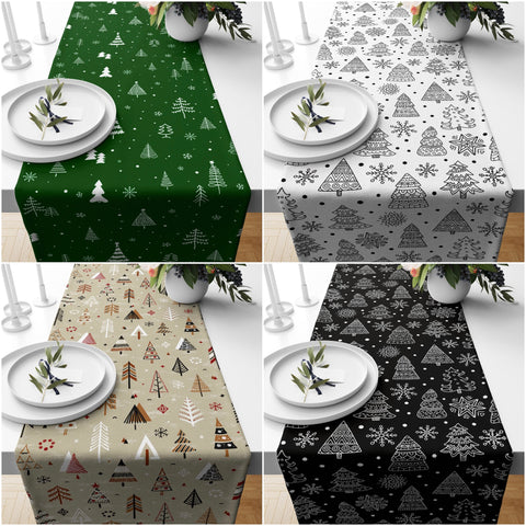 Winter Pine Tree Table Runner|Christmas Table Decor|Snowflake Table Centerpiece|Beige Green Black and White Abstract Pine Tree Tablecloth