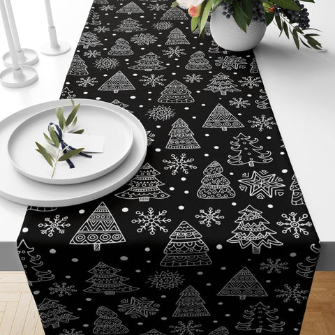 Winter Pine Tree Table Runner|Christmas Table Decor|Snowflake Table Centerpiece|Beige Green Black and White Abstract Pine Tree Tablecloth