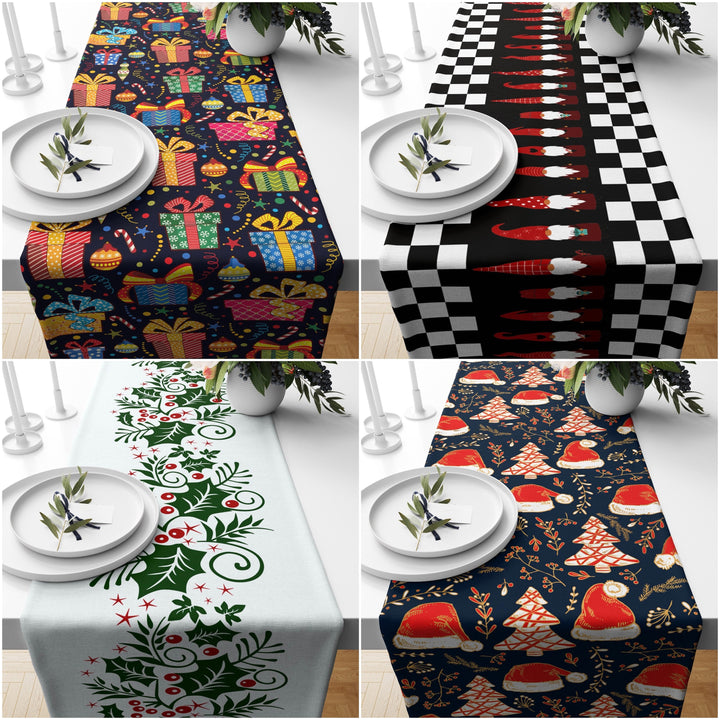 Christmas Table Runner|Xmas Flower Gift Table Decor|Gnome Print Table Centerpiece|Red Xmas Hat Home Decor|Winter Trend Xmas Plaid Tablecloth