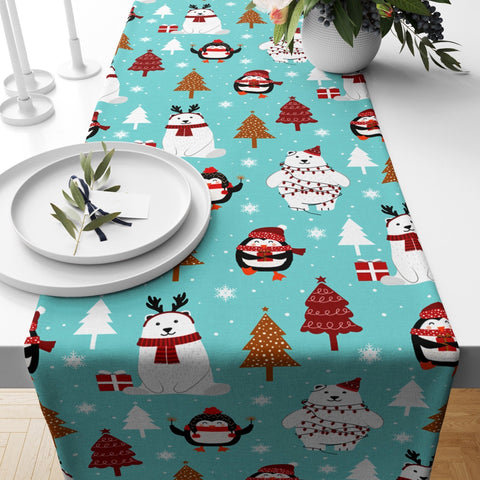 Winter Trend Table Runner|Cute Snowmen Penguen Bear and Pine Tree Table Decor|Snowflake Table Runner|Xmas Home Decor|Xmas Gifts Tablecloth