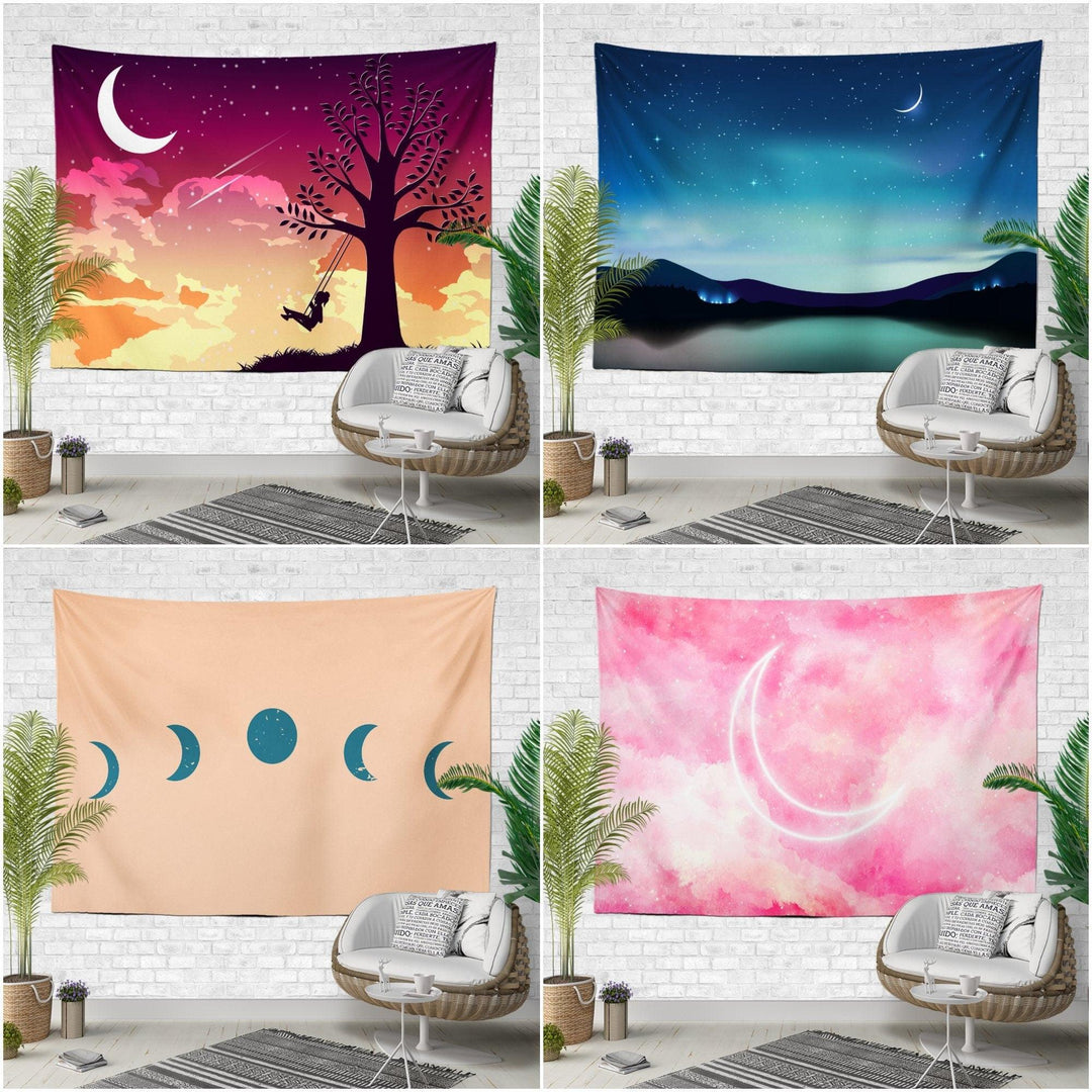 Moon and Sky Wall Tapestry|Girl on The Tree Swing Wall Hanging Art Decor|The Phases of The Moon Fabric Wall Art|Lake View and Moon Tapestry