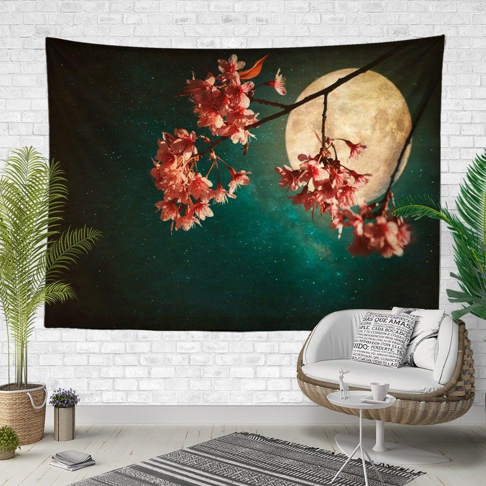 Floral Full Moon Wall Tapestry|Sky View Wall Hanging Art Decor|Housewarming Moon, Tree and Bat Print Fabric Wall Art|Moon Print Tapestry