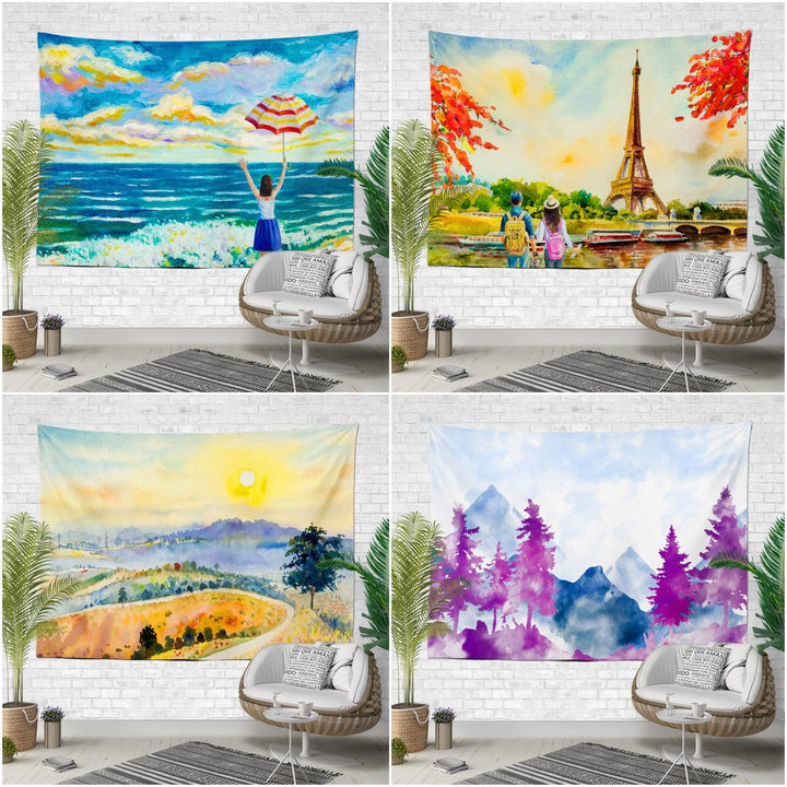 Watercolor Landscape Wall Tapestry|Woman on The Beach Wall Hanging Art Decor|Eiffel Print Fabric Wall Art|Purple Trees, Sunny Day Tapestry