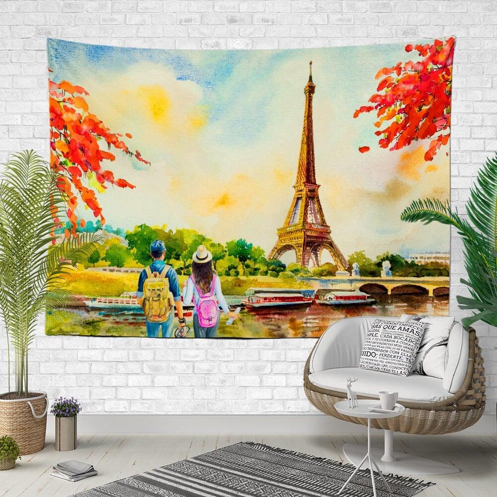 Watercolor Landscape Wall Tapestry|Woman on The Beach Wall Hanging Art Decor|Eiffel Print Fabric Wall Art|Purple Trees, Sunny Day Tapestry