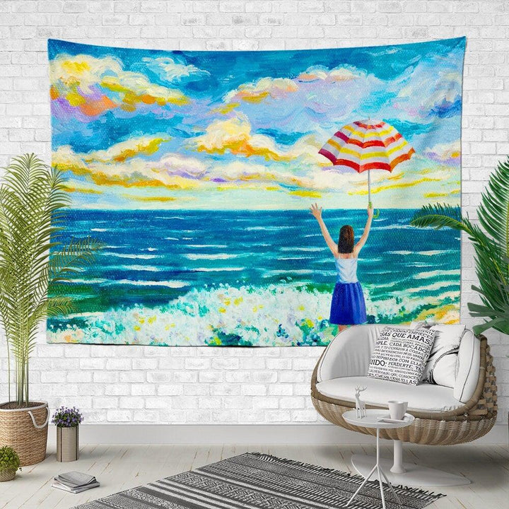 Watercolor Landscape Wall Tapestry|Woman on The Beach Wall Hanging Art Decor|Eiffel Print Fabric Wall Art|Purple Trees, Sunny Day Tapestry