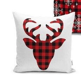 Set of 4 Christmas Pillow Covers and 1 Table Runner|Winter Trend Buffalo Check Merry Christmas Home Decor|Red Plaid Xmas Runner and Cushion