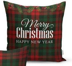 Set of 4 Christmas Pillow Covers and 1 Table Runner|Winter Trend Checkered Merry Christmas Home Decor|Red Green Plaid Xmas Runner, Cushion